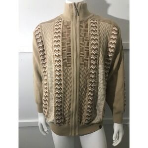 SilverSilk Mens Full Zip Up Cardigan  Geometric Pattern Tan Sweater Size XL